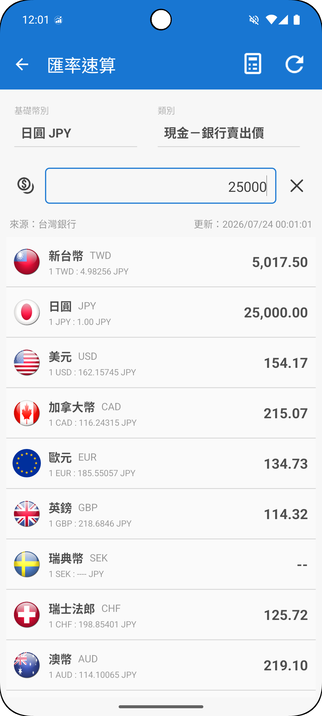 台灣匯率通旅遊匯率快速換算畫面